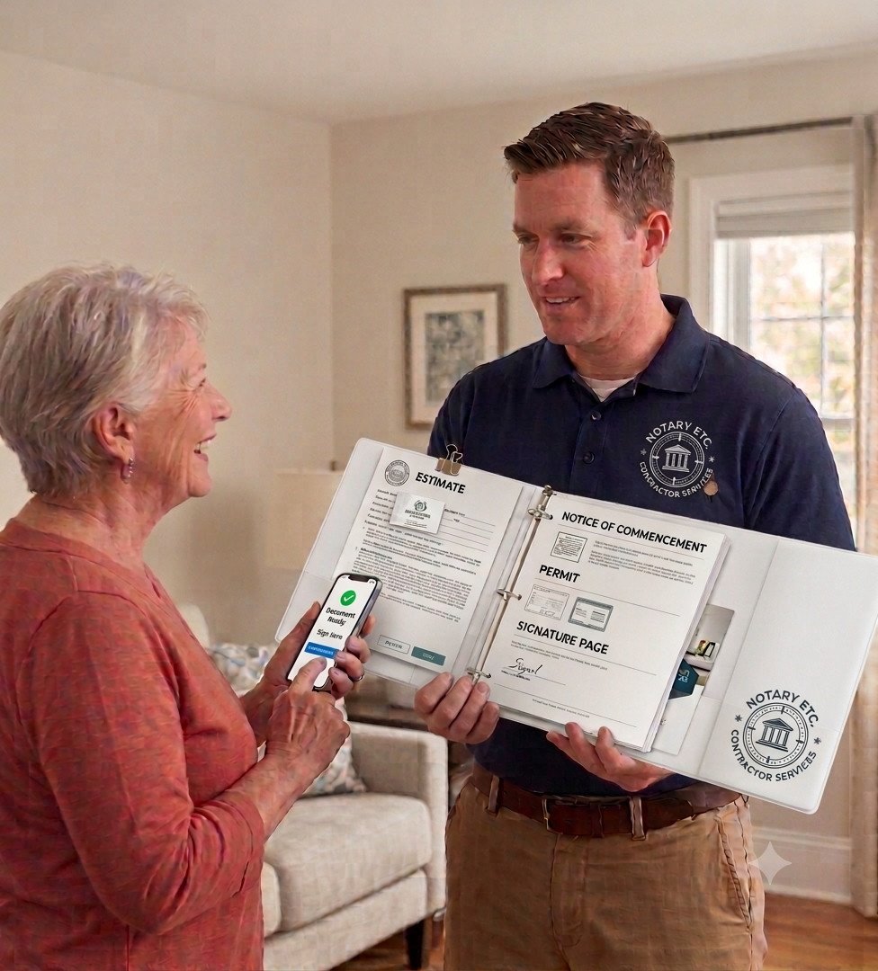 A Notary Etc. representative reviewing signed paperwork with a homeowner during a Roofing contractor job